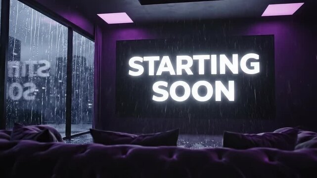 Streaming Setup: Rain-Soaked City Backdrop with "Starting Soon" Screen. Stream starting soon screen, overlay loop, animated virtual backgrounds, livestream livestreamer, vtuber asset twitch zoom O - Powered by Adobe