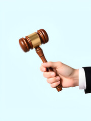 Isolated Hand Holding Wooden Gavel for Auction Judge Law in Transparent