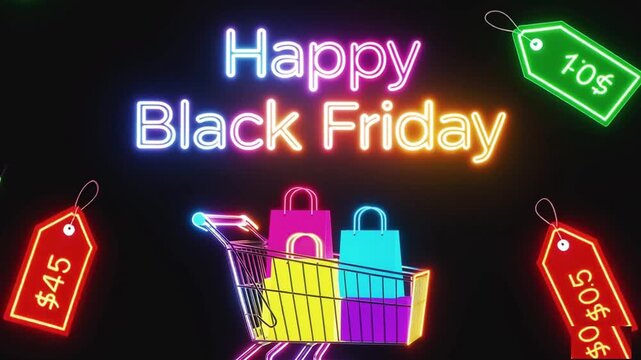 Shopping Frenzy &mdash; Neon Shopping Cart Loaded with Black Friday Bags, Retail Sale Event, Discount Shopping Celebration
