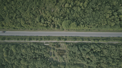 Rural road surrounded with green grass. Aerial view.
