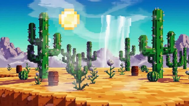 Pixel art desert landscape video game background with cacti, sun and mountains digital animation