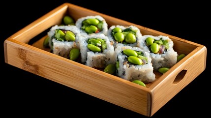 Sushi Rolls with Edamame Wooden Tray Black Background Japanese Cuisine Food Photography