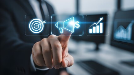 Obraz premium Hand activates digital marketing, achieving targets and growth.