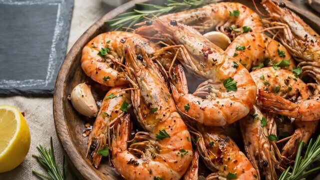 A tantalizing close-up shot of freshly cooked, succulent shrimp, generously seasoned with aromatic herbs like rosemary and parsley, glistening with rich flavor. The vibrant orange and pink shellfish a