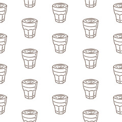 Seamless pattern with hand-drawn small raf or latte coffee glasses on white background. Vector outline style print.
