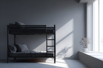 Black Metal Bunk Bed Frame In Minimalist Monochrome Room Contemporary Bedroom Furniture Modern Interior Design