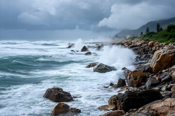 Ocean Spray and Mist at Rocky Coastline Powerful Nature and Crashing Waves