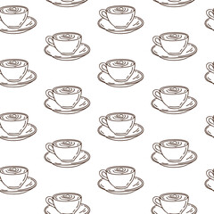 Seamless pattern with hand-drawn cappuccino coffee cups on white background. Vector outline style print.