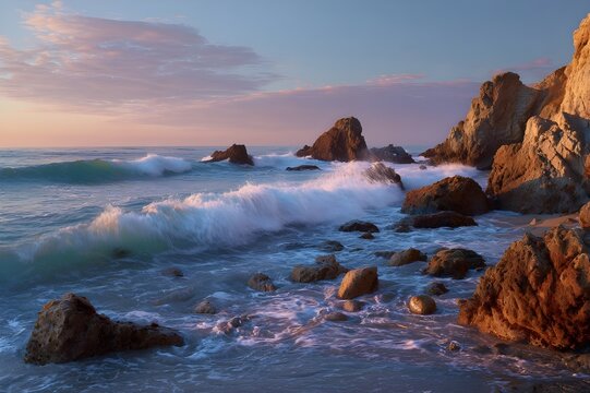 Rocky Coastline with Waves Crashing at Sunrise Dramatic Natural Seascape Photography Scene