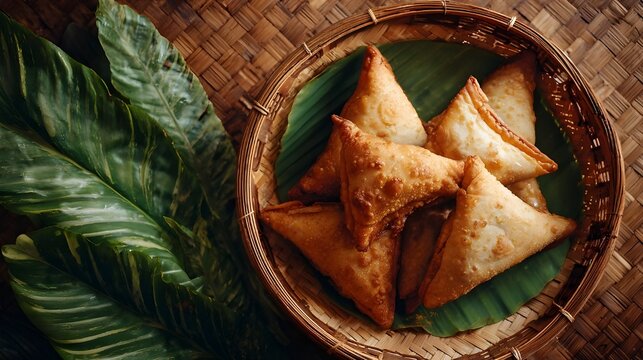 Samosas On A Banana Leaf Placemat Traditional Indian Appetizer Natural Presentation Authentic Cuisine