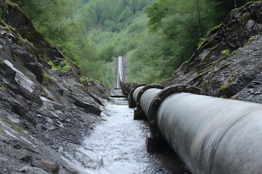 Hydroelectric Penstock Pipes Descending Mountain Slope Industrial Infrastructure Energy Generation Aerial Landscape View Photography