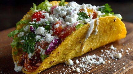 Taco With Roasted Peppers Crema Inside Wrapped Yellow Tortilla Mexican Food Culinary Delight