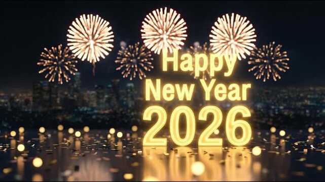 A vibrant and celebratory animation features glowing golden text displaying "Happy New Year 2026" with a modern, futuristic aesthetic. Bright, dazzling fireworks illuminate the night sky, bursting dra