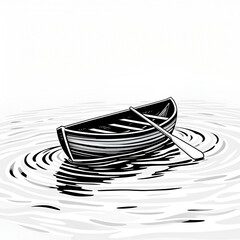 Vector art of black and white illustration of a rowboat with an oar on rippling water
