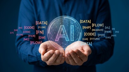 A person's cupped hands gently hold a glowing abstract digital sphere representing artificial intelligence surrounded by floating code and data elements AI technology network innovation