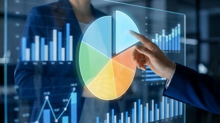 Business professional's hand points to a holographic pie chart displaying diverse segments with bar graphs and line charts depicting financial data and analytics on a futuristic screen