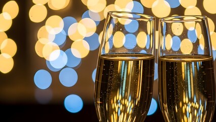 Two champagne flutes filled with sparkling wine against a festive bokeh background of warm yellow and cool blue light