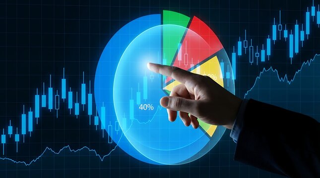 A hand points to a glowing pie chart with financial bar graphs and line charts displayed against a dark blue grid background representing data analysis and trading statistics business