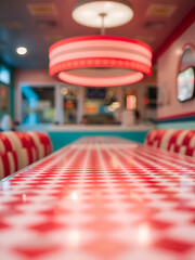 A red and white checkered table typical of an American diner, featuring a blurred background with bokeh effects