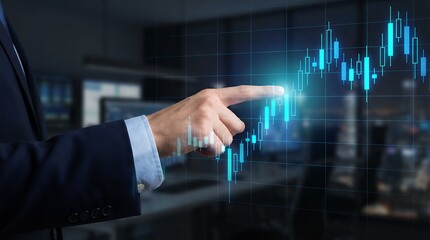 A businessman in a dark suit and light blue shirt points at a glowing blue stock market candlestick chart displayed on a digital interface finance graph data trading investment analysis