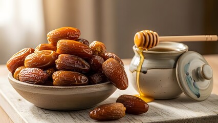 A rustic bowl of sweet dried dates with a ceramic pot of golden honey.