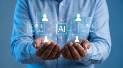 A person holding illuminated AI interface with icons depicting human profiles abstract shapes and data charts illustrating artificial intelligence concepts technology digital futuristic