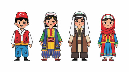 Diverse Cartoon Children in Traditional Cultural Attire Group Illustration