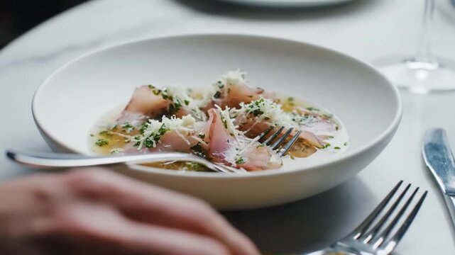Gourmet Seafood Carpaccio Appetizer with Fresh Herbs, Close-up of Elegant Fine Dining Crudo Dish in Luxury Restaurant, Healthy Culinary Concept
