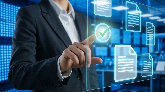 Person in business suit interacting with digital interface displaying document icons and a green checkmark abstract blue digital background technology data management organization information