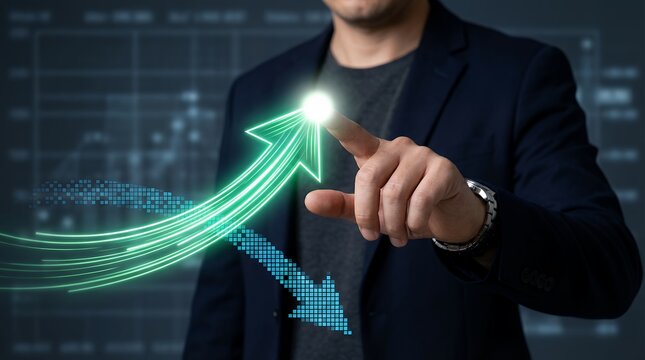 A businessman s hand points at a glowing green upward arrow signifying growth and progress with a pixelated blue downward arrow below financial strategy success leadership planning