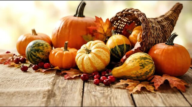 A vibrant autumnal display of pumpkins and gourds in orange, yellow, green hues. Arranged on rustic wood with fall leaves, red berries, and a cornucopia. Perfect for harvest, holiday, or seasonal mark