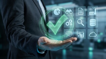 A businessman's hand presents a glowing green checkmark surrounded by digital icons representing business analytics data storage research strategy and innovation success approval technology