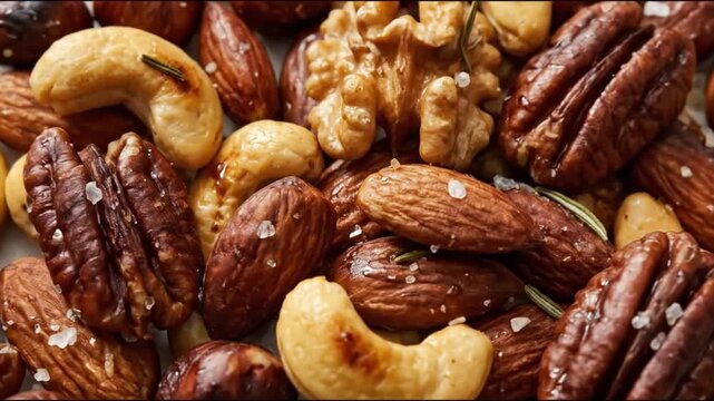 A vibrant close-up captures an inviting medley of beautifully roasted and seasoned mixed nuts, spread out in a visually rich arrangement. This delicious assortment features golden cashews, robust peca