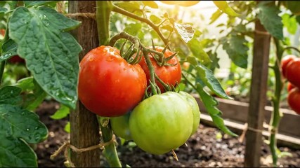 A vibrant close-up captures ripening tomatoes on a lush green vine, adorned with fresh water droplets under the warm glow of sunlight. Both plump red and developing green fruits hang from the healthy - Powered by Adobe