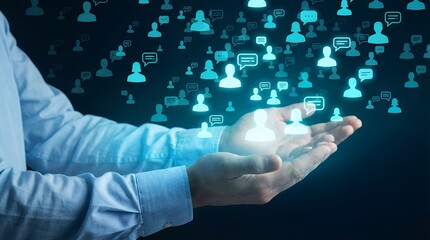 A person's open hands hold glowing human icons and speech bubbles against a dark blue background illustrating connections and communication networks social media people digital technology