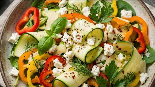 A vibrant, close-up overhead shot showcases a delicious and healthy salad served in a rustic ceramic bowl. Fresh zucchini ribbons are artfully arranged alongside colorful slices of red, orange, and ye