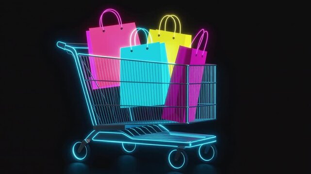 Shopping Frenzy &mdash; Neon Shopping Cart Loaded with Black Friday Bags, Retail Sale Event, Discount Shopping Celebration