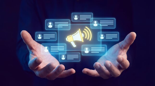 Hands displaying a holographic interface with a megaphone symbol surrounded by user notification bubbles against a dark background conveying digital communication and outreach social media - Powered by Adobe