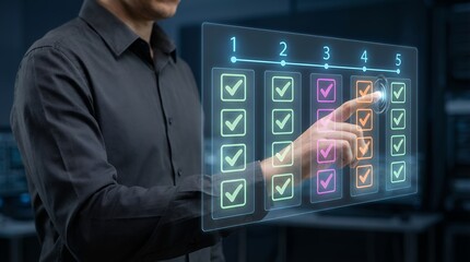 A person's hand interacts with a futuristic holographic checklist marking items complete with glowing checkmarks on a digital interface displaying numbered columns Technology Touchscreen
