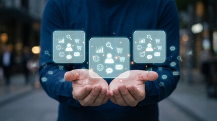 A man's hands holding transparent digital interface screens displaying customer icons shopping carts and growth charts against a blurred urban background technology business marketing