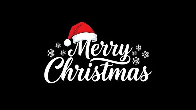 Festive merry christmas text with santa hat and snowflakes on a black background