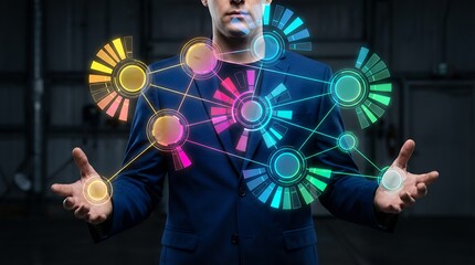 A man in a dark blue suit displays a vibrant colorful digital network connecting abstract circular elements and fan shaped graphics presented against a dark out of focus background