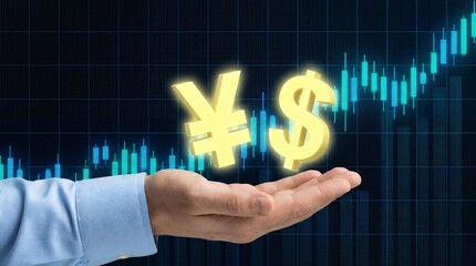 A person's open hand holds golden yen and dollar currency symbols against a dark background with a blue and green financial trading graph Money Finance Stock market Investment Economy