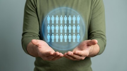 A person's open hands carefully presenting a glowing blue circular interface containing a grid of blue human icon silhouettes symbolizing team or audience Presentation Connection Group