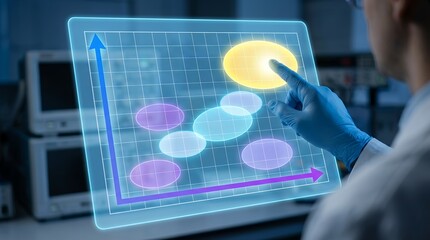 A scientist in blue gloves touches a glowing yellow circle on a futuristic holographic graph displaying data points and an upward trending arrow against a laboratory background Technology