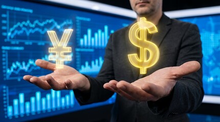 Businessman presenting glowing Yen and Dollar currency symbols with financial data graphs displayed on a large digital screen in the background Finance Money Exchange Global Economy