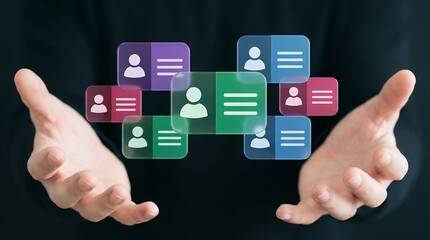 Hands extending forward displaying a collection of abstract digital profile cards each with a person icon and three lines arranged in a cluster transparent background People Profiles