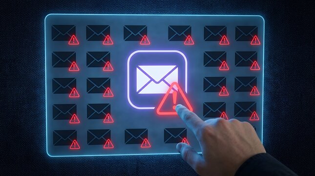 A digital interface displays numerous email icons many featuring red warning symbols as a finger points to one of the highlighted warning icons indicating an error or alert notification