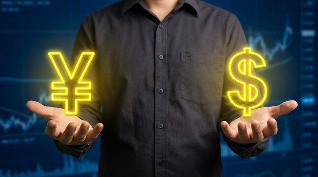 A man's hands outstretched one presenting the Japanese Yen symbol the other the United States Dollar symbol against a blurred financial chart background currency finance money exchange