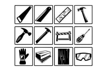 A set of black and white icons for DIY building and carpentry